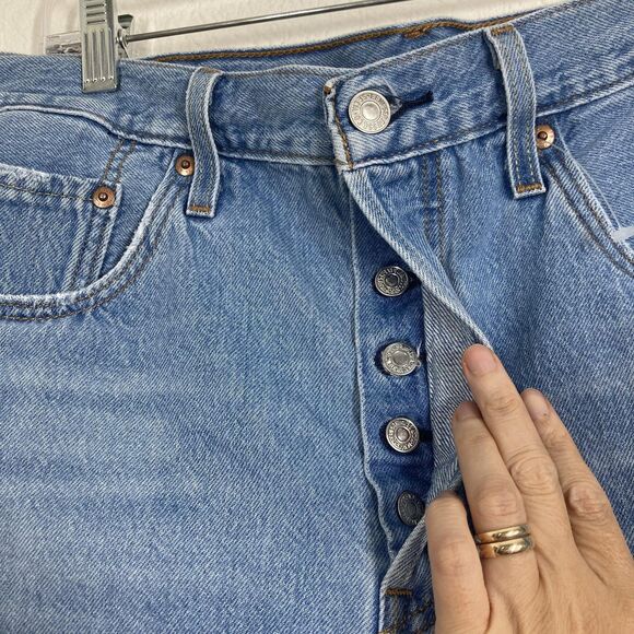Levis 501 Shorts Womens 31 Blue Distressed Denim High Rise Cut Off Button Fly - Picture 10 of 15